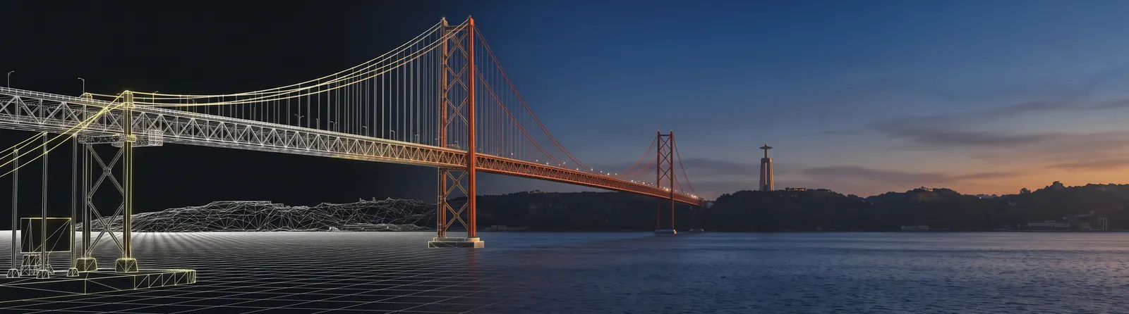 Lisbon's 25 de Abril bridge at dusk, drawn as a wireframe on the left and real on the right